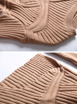 Khaki O-neck Asymmetric Hem Sweater