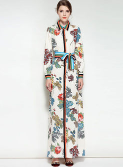 Stylish Floral Print Belted Slit Maxi Dress