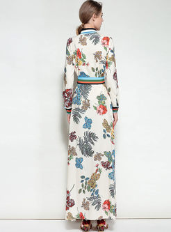Stylish Floral Print Belted Slit Maxi Dress