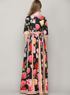 Nail Bead Floral Print Half Sleeve Maxi Dress