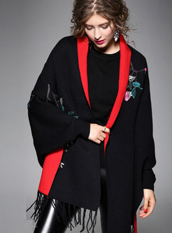 Black Casual Embroidery Fringe Loose Kimono