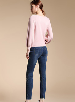 Pink Cute O-neck Embellished Sweatshirt & Denim Slim Pencil Pants