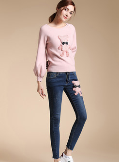 Pink Cute O-neck Embellished Sweatshirt & Denim Slim Pencil Pants