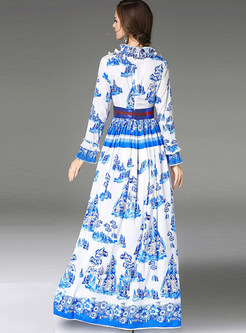 Ethnic Print Gathered Waist Bow-front Maxi Dress