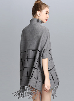Grey Grid High Neck Tassel Split Kimono