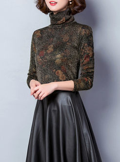 Floral Print Turtle Neck Shiner Thicken Top
