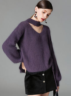 Stylish Tied Loose Lantern Sleeve Knitted Sweater