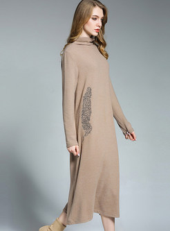 Khaki Casual Turtleneck Embroidery Knitted Dress