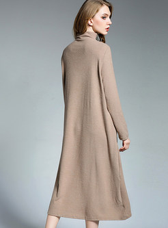 Khaki Casual Turtleneck Embroidery Knitted Dress