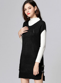 Black Brief V-neck Split Sleeveless Knitted Dress
