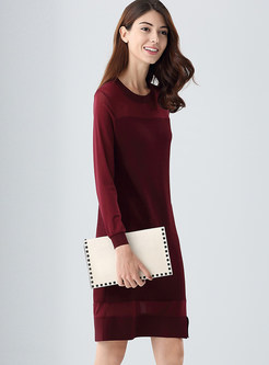 Wine Red Brief O-neck Patchwork Knitted Dress