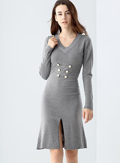 Grey Sexy Split V-neck Slim Knitted Dress