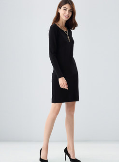 Black Brief Slim O-neck Long Sleeve Knitted Dress
