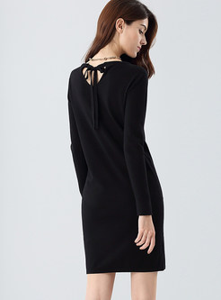 Black Brief Slim O-neck Long Sleeve Knitted Dress