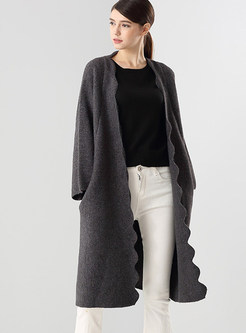 Deep Grey Casual Loose Knee-length Knitted Coat