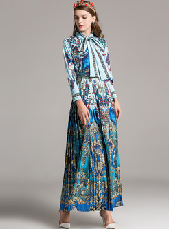 Vintage Tied-collar Floral Print Maxi Dress