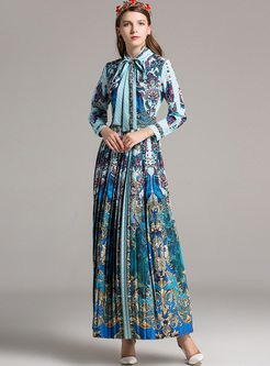 Vintage Tied-collar Floral Print Maxi Dress