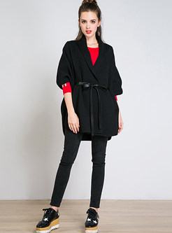 Black Fashion Belted Batwing Sleeve Coat
