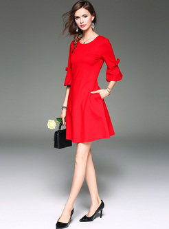 Red Flare Sleeve Cotton A-line Dress
