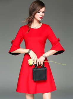 Red Flare Sleeve Cotton A-line Dress