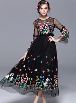 Party Embroidery Flare Sleeve Maxi Dress