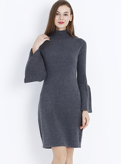 Brief Grey Flare Sleeve Knitted Dress