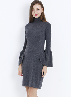 Brief Grey Flare Sleeve Knitted Dress