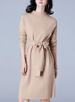 Brief Belted Slim Knitted Dress