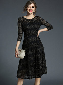 Brief Lace Embroidery Three Quarters Sleeve Skater Dress