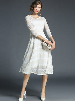 Brief Lace Embroidery Three Quarters Sleeve Skater Dress