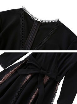 Black V-neck Lace Selvedge Belted Skater Dress