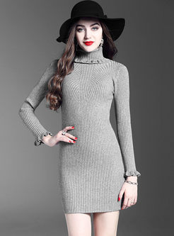 Brief High Neck Lotus Leaf Sleeve Knitted Dress