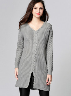 Grey Casual V-neck Split Sweater