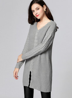 Grey Casual V-neck Split Sweater