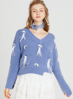 Sexy V-neck Embellished Pullover Sweater