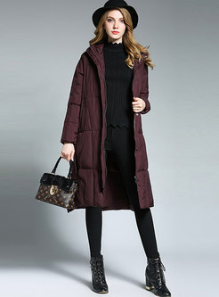 Wine Red Casual Hooded Straight Knee-length Down Coat
