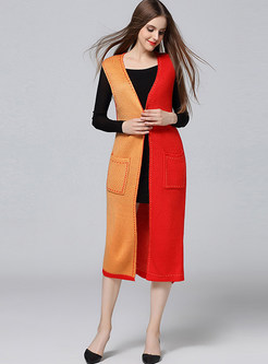 Stylish Contrast Color Long Knitted Vest