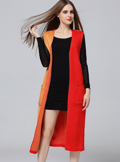 Stylish Contrast Color Long Knitted Vest