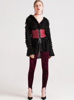 Black V-neck Feather Embroidery Coat With Belt
