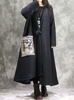 Ethnic Embroidery V-neck Woolen Coat