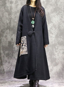 Ethnic Embroidery V-neck Woolen Coat