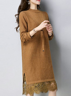 Brief Lace Patchwork Long Sleeve Knitted Dress