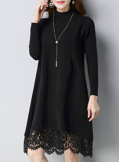 Casual High Neck Lace Patchwork Knitted Dress