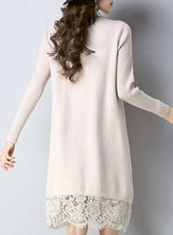 Casual High Neck Lace Patchwork Knitted Dress
