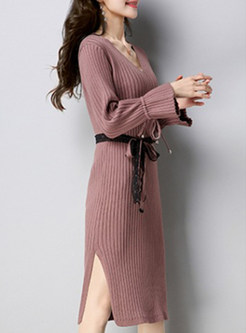 Sexy V-neck Bell Sleeve Belted Knitted Dress