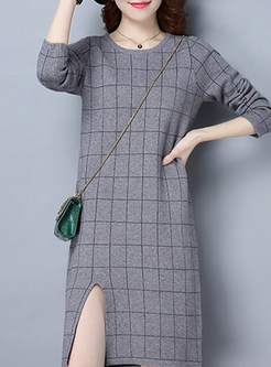 Sexy Checked Split O-neck Knitted Dress