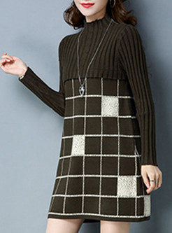 Fashion High Neck Checked Patch Knitted Dress