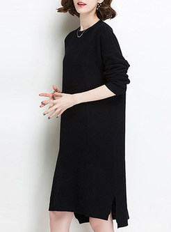 Casual Split O-neck Asymmetric Hem Knitted Dress