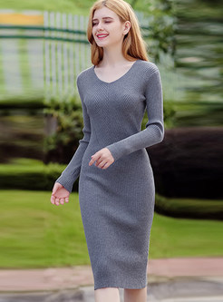 Grey Sexy Slim O-neck Knitted Dress