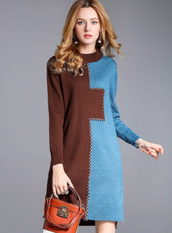 Casual Contrast Color Long Sleeve Knitted Dress